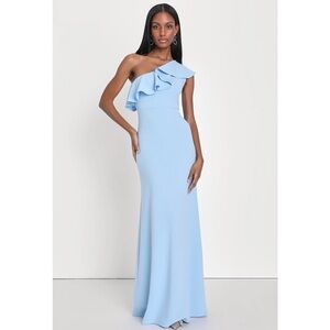 Lulus Last Forever Powder Blue One-Shoulder Ruffle Bodycon Maxi Dress NWT S